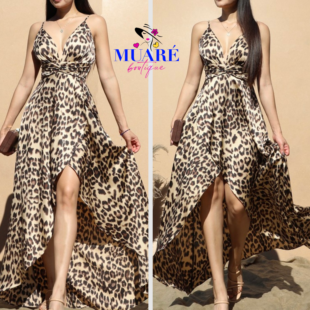 High and low animal print maxi dress