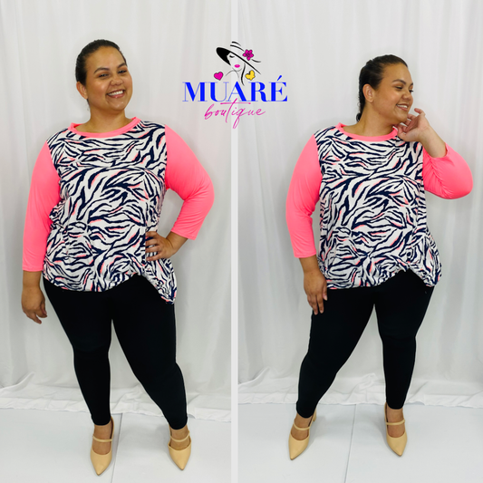 Neon Pink Zebra Printed Brush Side Twist Tunic Top