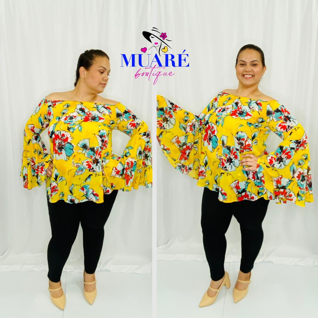 Printed Off Shoulder Top-Yellow Floral