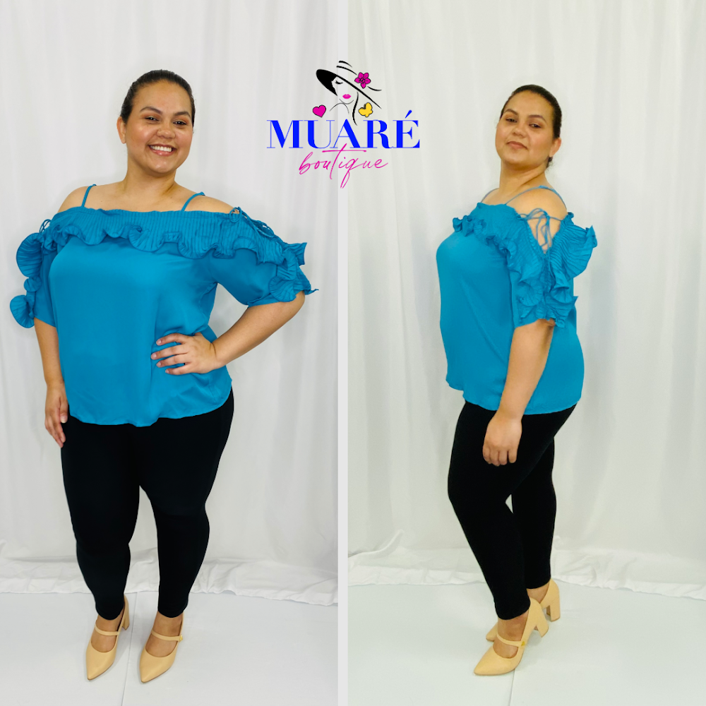 Cold Shoulder Top w Ruffled Pleating-Turquoise