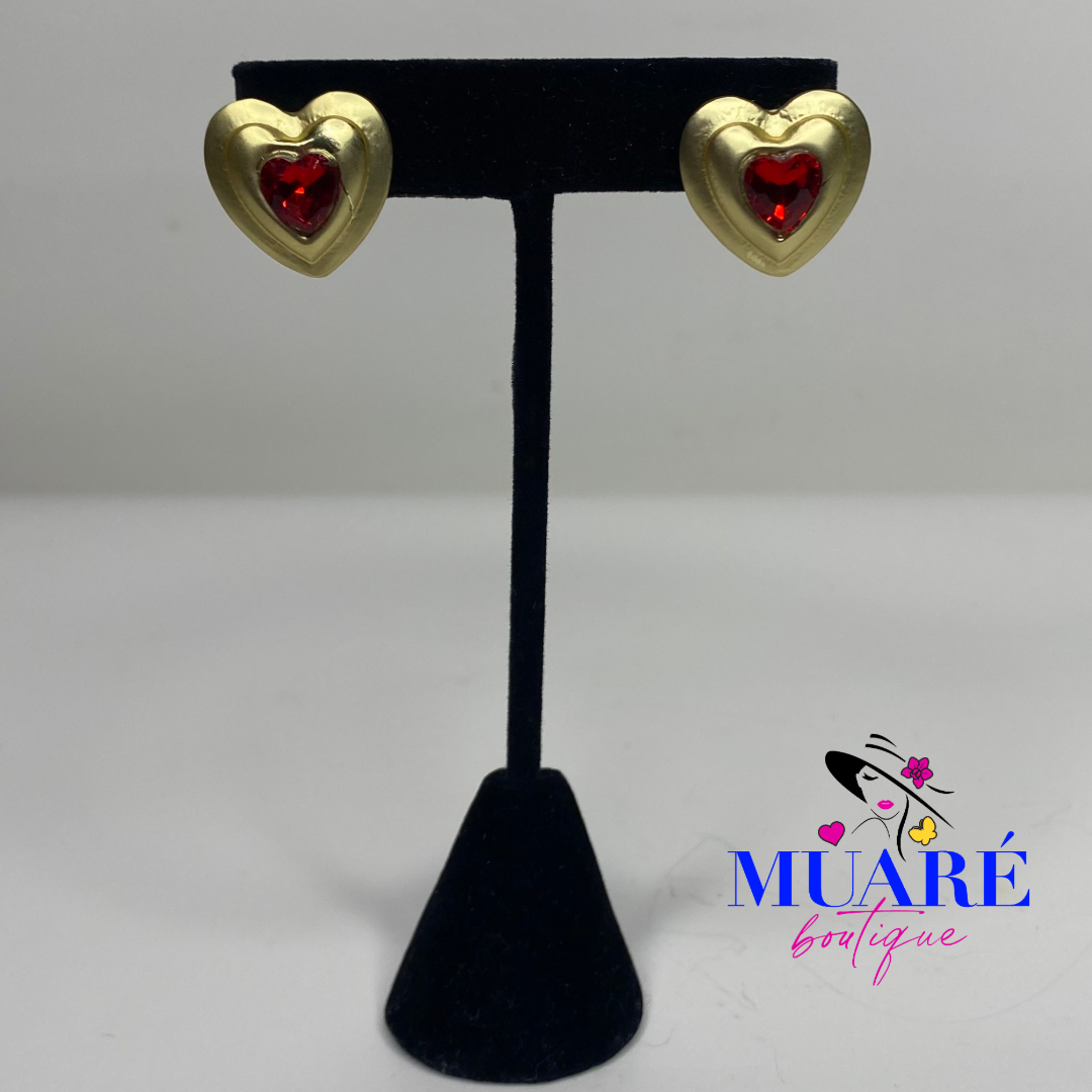 Ruby Heart Gold Earrings