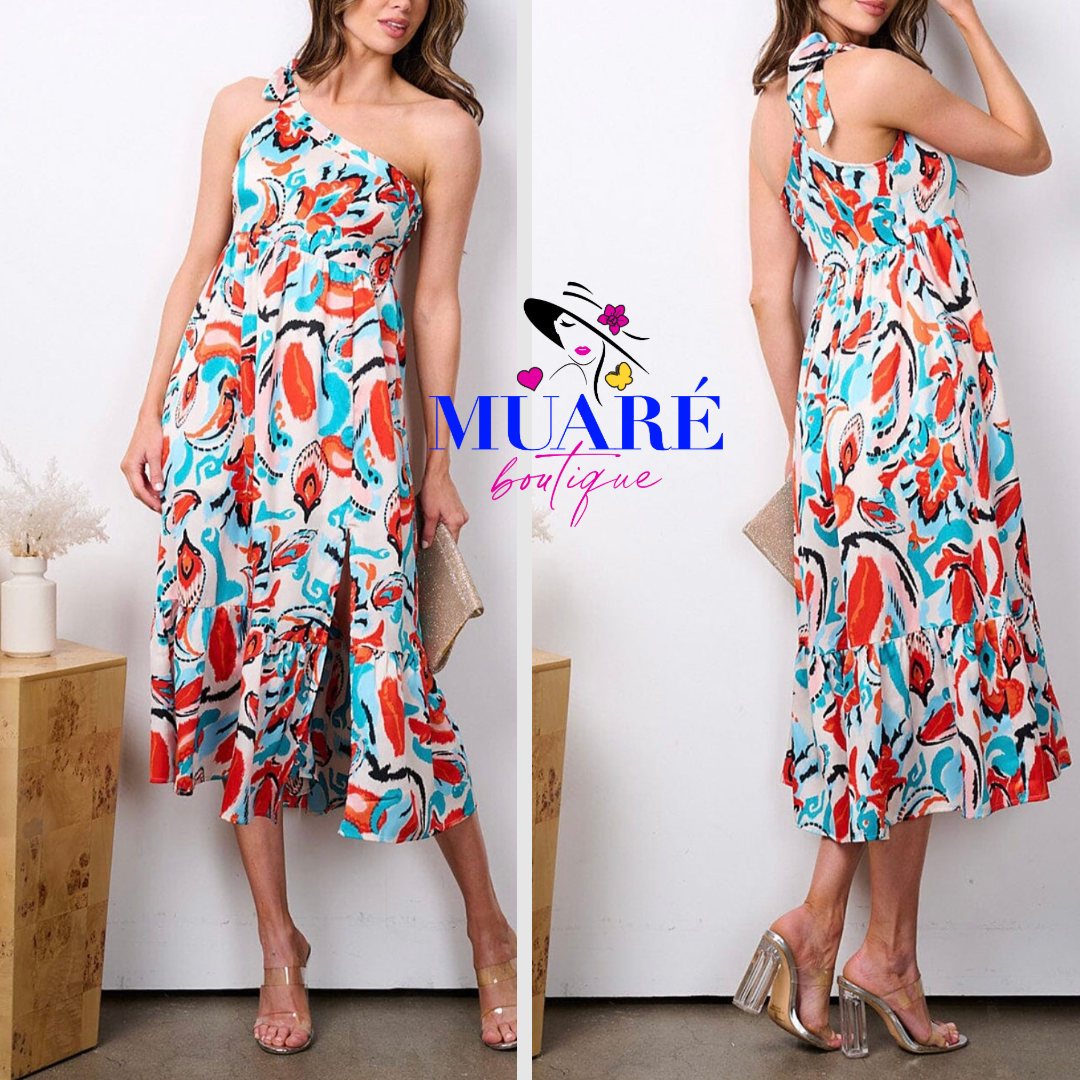 Multicolor One Shoulder Midi Dress