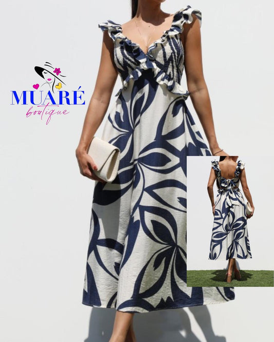 Printed Navy Midi Dress