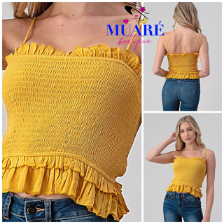 Mustard Peplum Top Solid Ruffle Tank