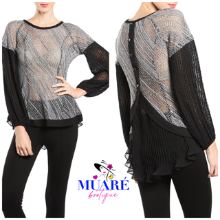 Chiffon Contrast Semi Sheer Top With Button Accent