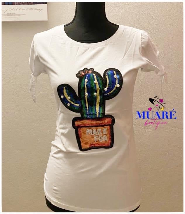 White Cactus Graphic Top