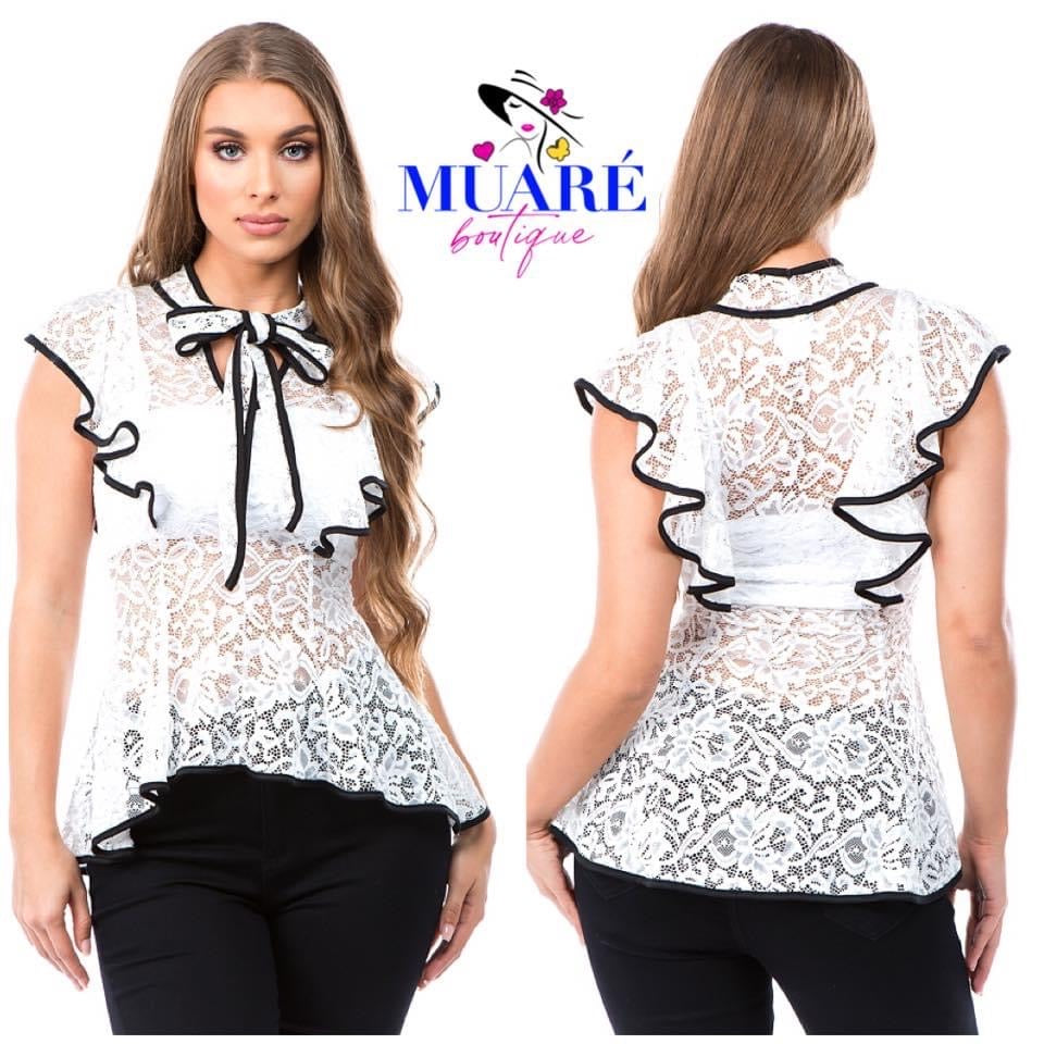 Tone Ruffle Tie Neck Lace White Blouse