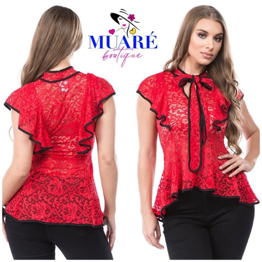 Tone Ruffle Tie Neck Lace Red Blouse