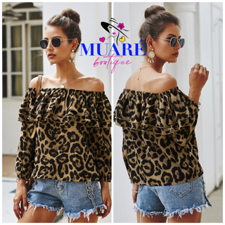 Brown Off Shoulder Leopard Ruffled Blouse