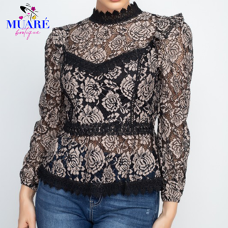 Flounce Hem Lace Keyhole Blouse