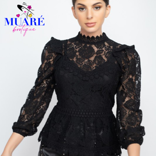 Flounce Hem Lace Keyhole Blouse