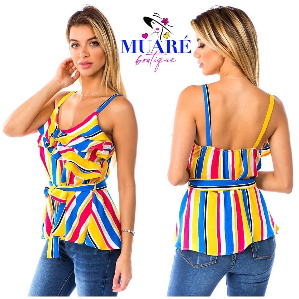 Yellow-Multi Color Stripe Ruffle Peplum Blouse