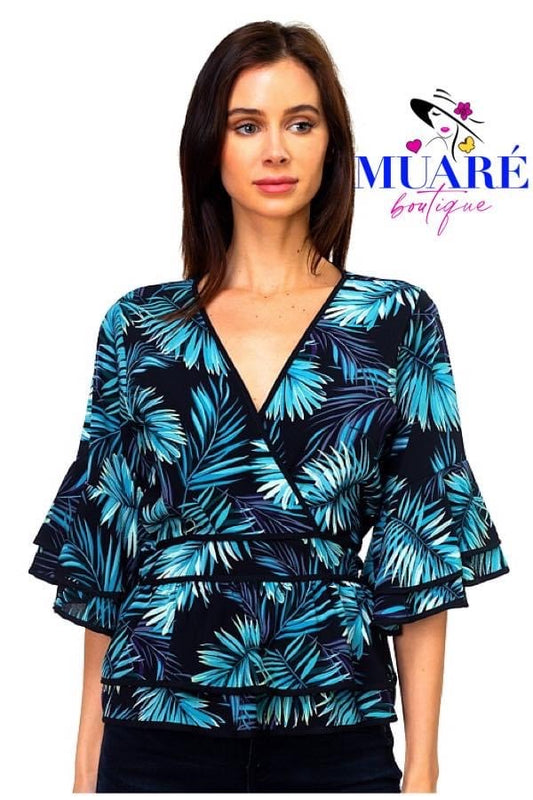 Tropical Peplum Black Blouse