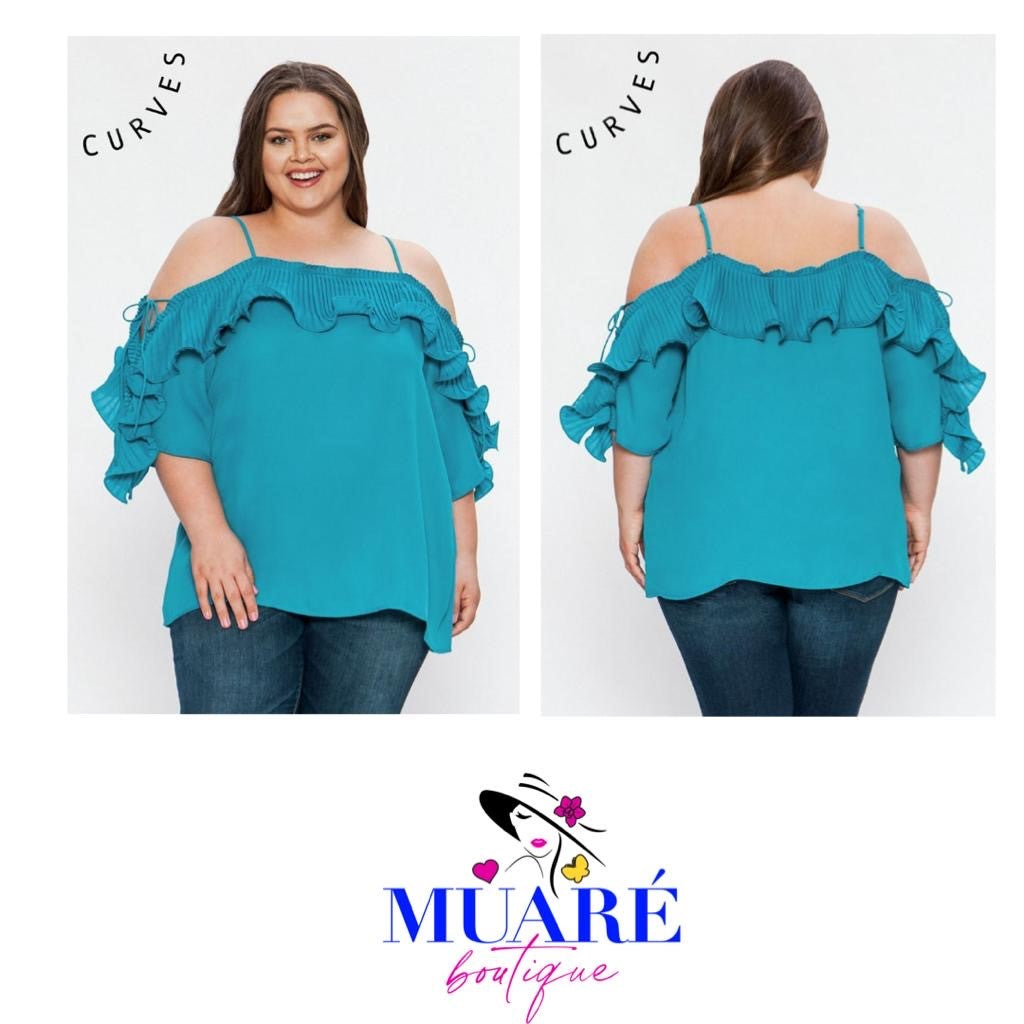 Cold Shoulder Top w Ruffled Pleating-Turquoise