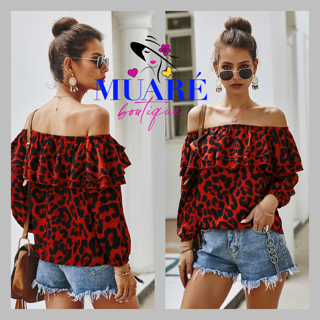 Red Off Shoulder Leopard Ruffled Blouse