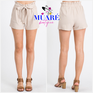 Khaki Short Pants Paperbag Waist Belt Shorts