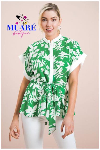 Green Ivory Printed top with China Collar