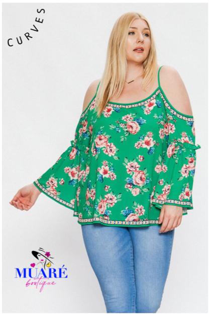 Green with rose print open shoulder top