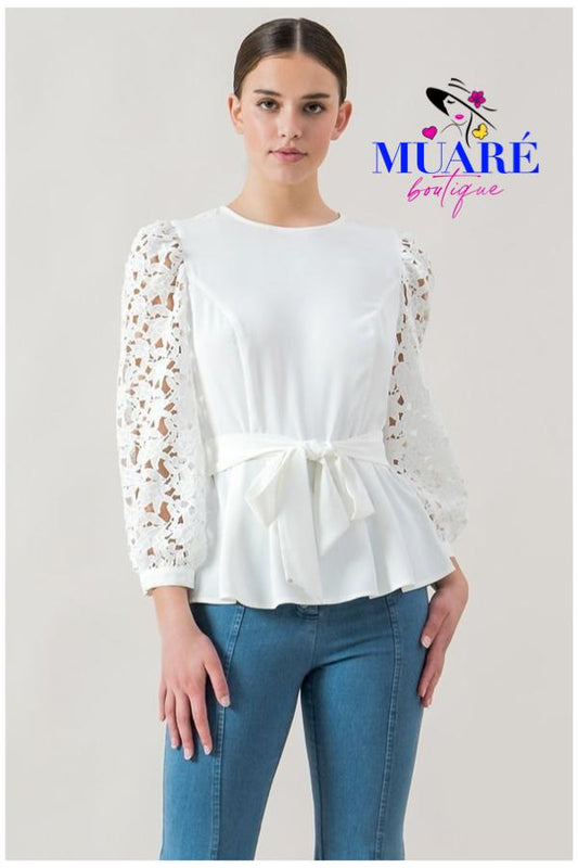 White top round neckline, long sleeve