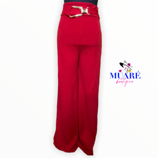 Red High Waist Buckle Detailed Pant