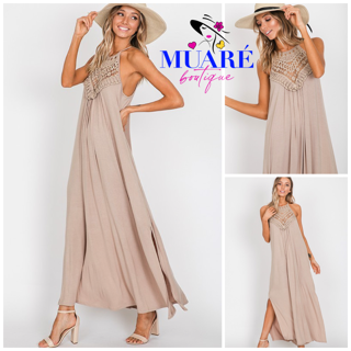 Taupe crochet trim side slit maxi dress