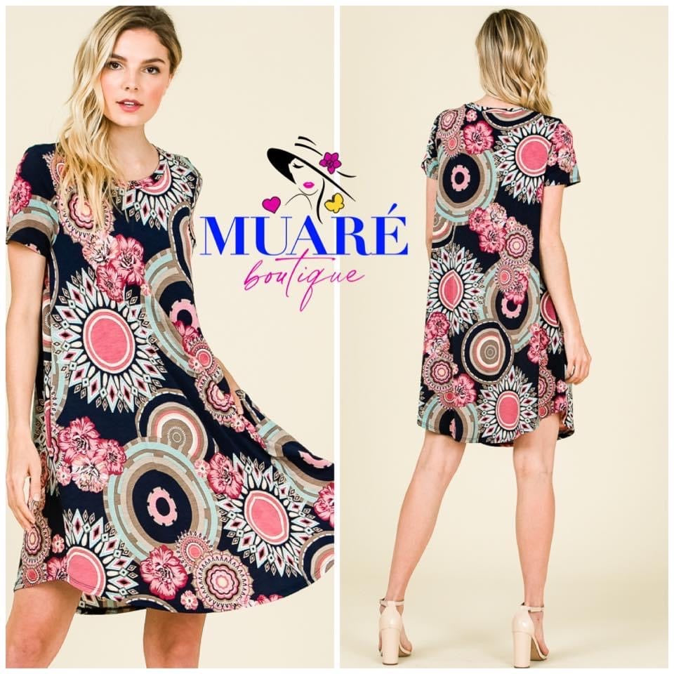 Short Sleeve Medallion Print Tunic Dress