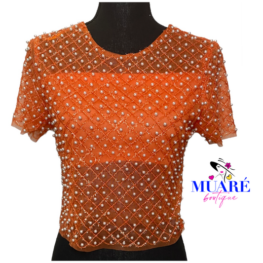 Orange Top with Pearls