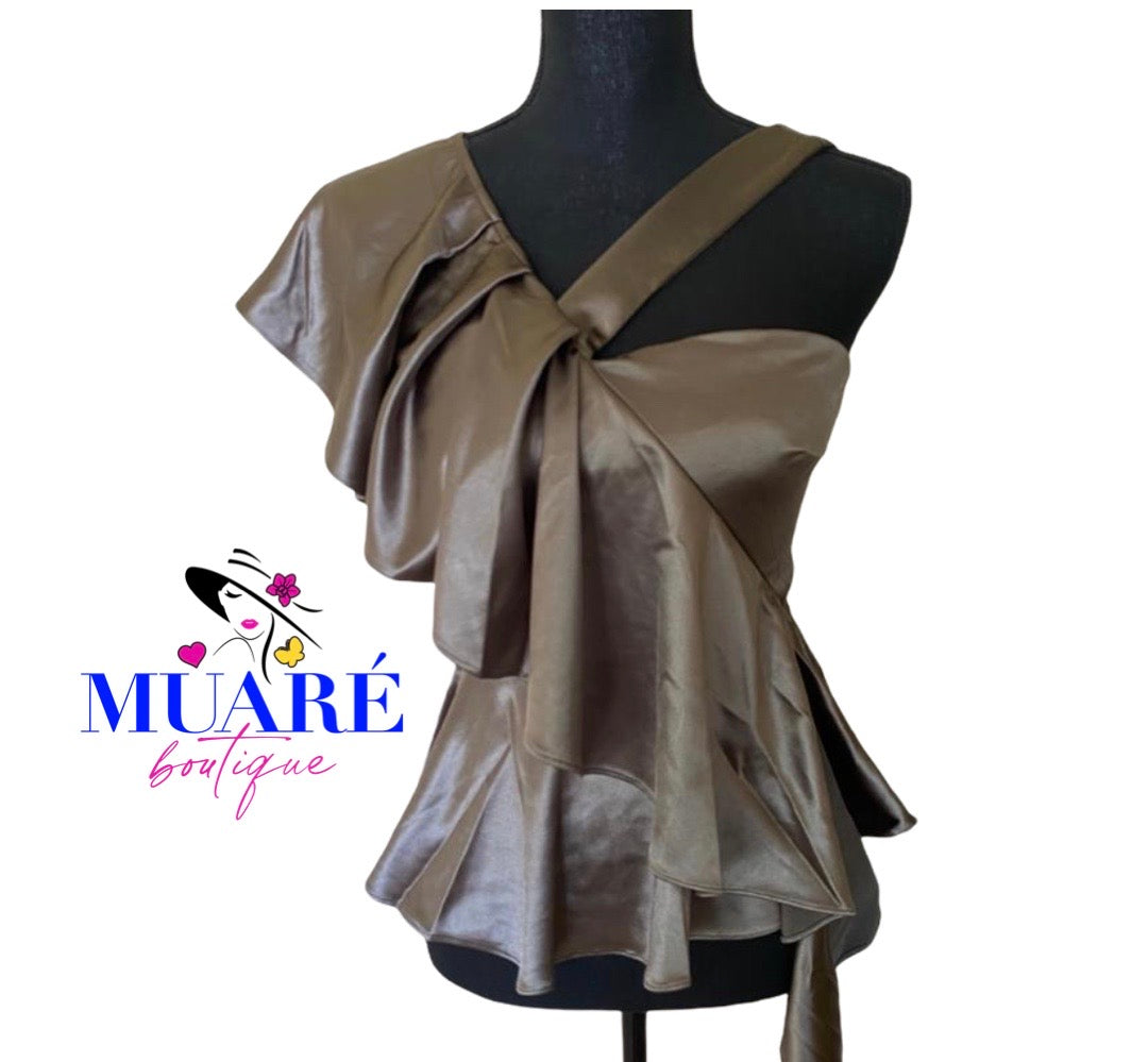 Gray one shoulder ruffled shirt