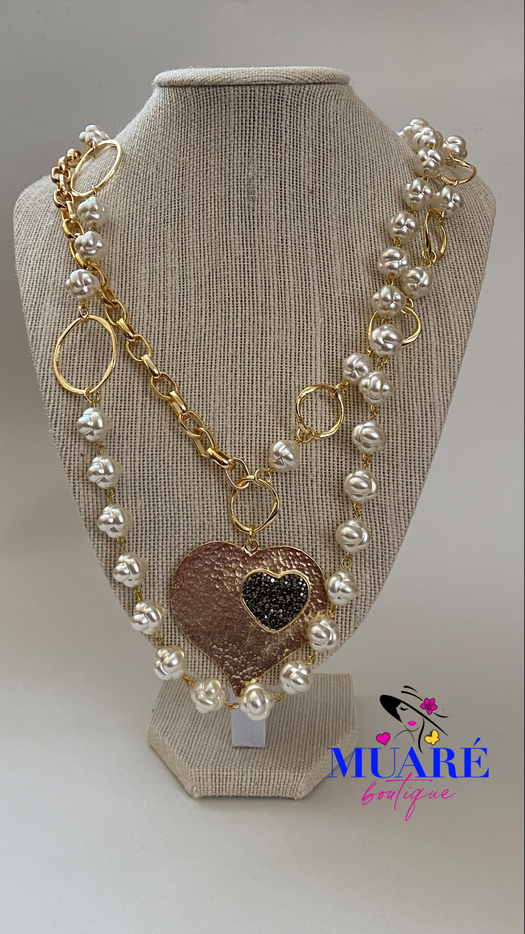 Golden Heart with Pearls Necklace