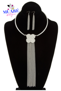 Rhinestone Clover Chain Tassel Link Necklace Set