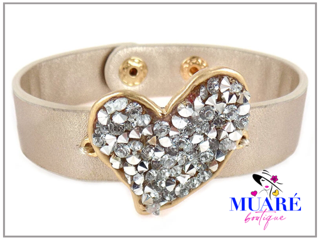 Gold Heart Crush Stone Leather Bracelet