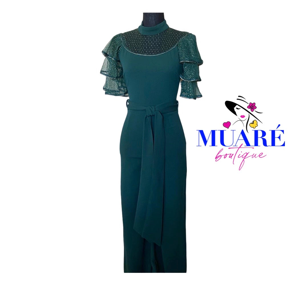 Hunter Green Sheer Mesh Ruffle Sleeve Jumpsuit