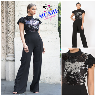 Black Short Sleeves Sequin Jumpsuit