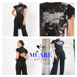 Black Short Sleeves Sequin Jumpsuit