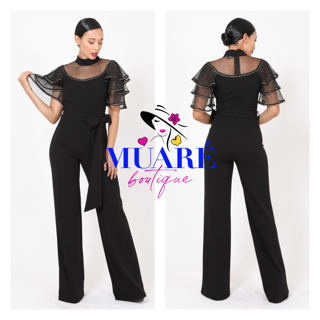 Black Sheer Mesh Ruffle Sleeve Jumpsuit