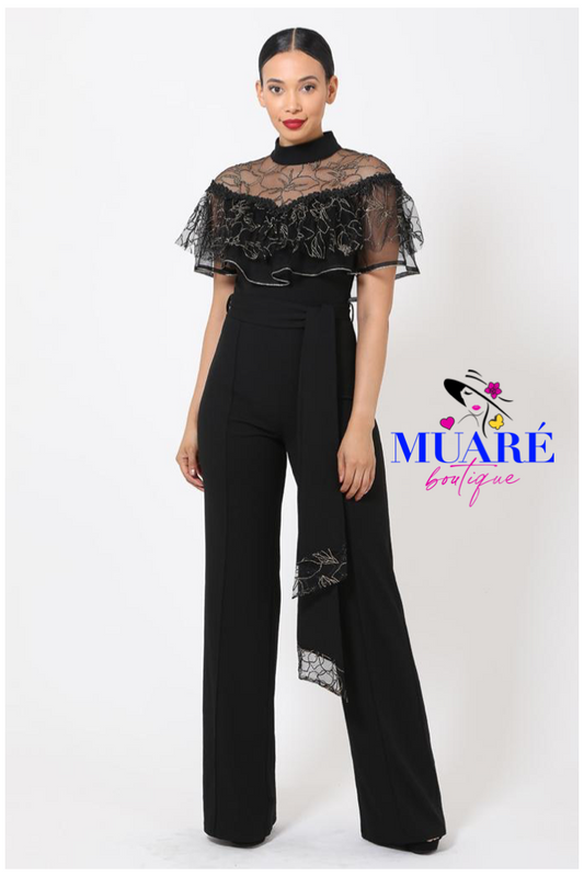 Black Cape Style Crochet-Lace Ruffle Jumpsuit