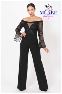 Black Off Shoulder Sleeves Sequin Jumpsuit