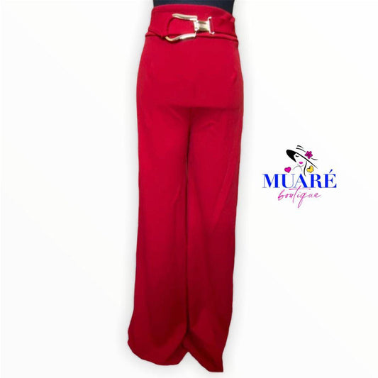 Red High Waist Buckle Detailed Pants