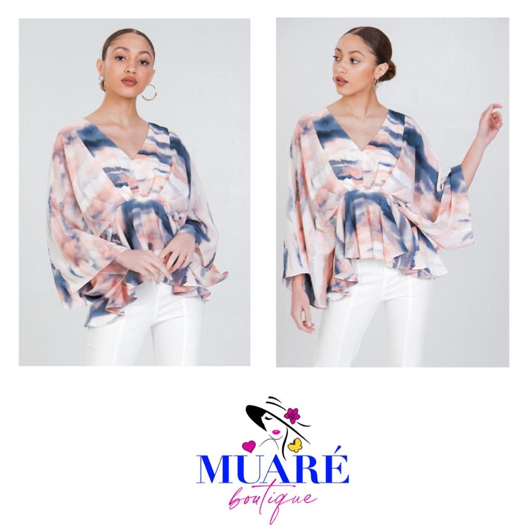 Printed Top with Kimono Sleeves-Salmon