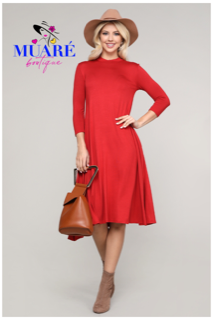 Red Knit Solid Mock Neck Dress