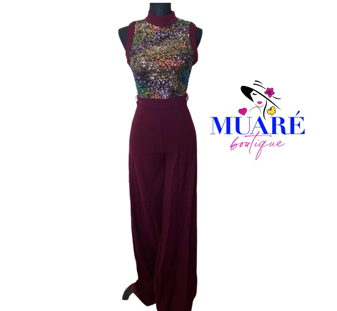 Wine Sleeveless Sequin Jumpsuit