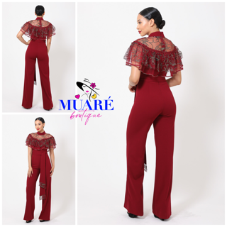 Wine Cape Style Crochet-Lace Ruffle Jumpsuit